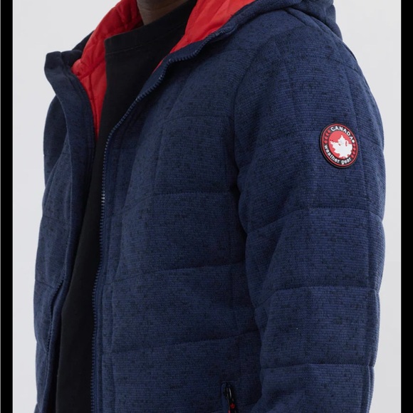 Men's Blue and Red Hooded Puffer Jacket Canada 🇨🇦 weather gear - Picture 1 of 15